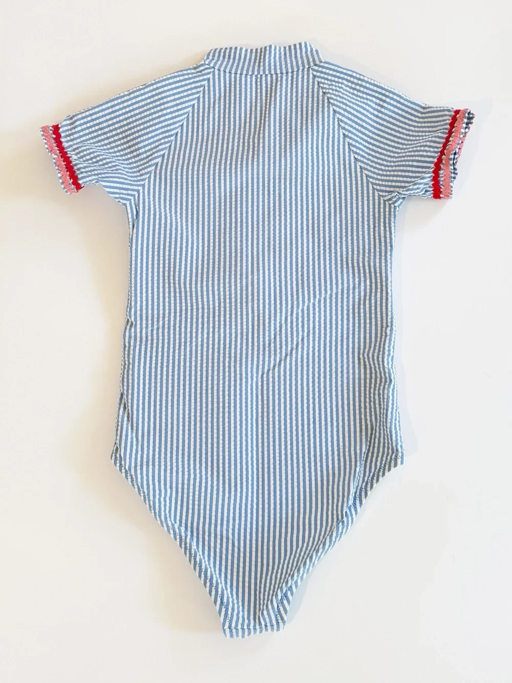Crewcuts Blue & White Seersucker Short Sleeve Rash Guard Swimsuit